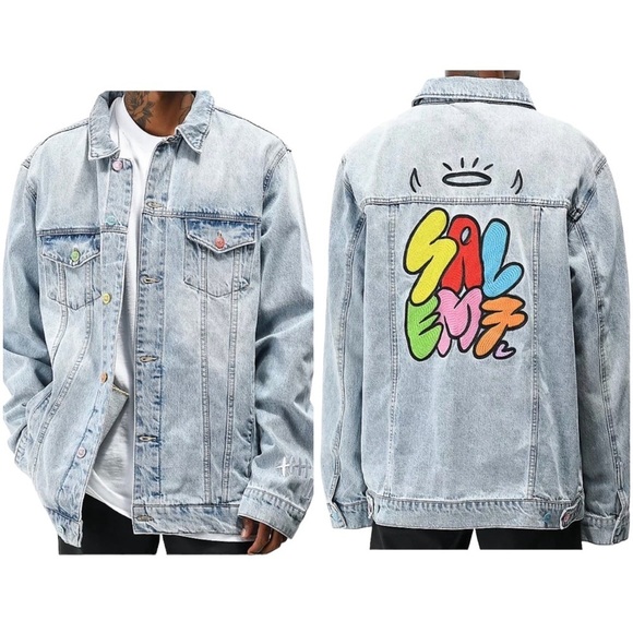 NWT Mens Salem7 Zumiez Light Wash Oversized Denim Jacket Y2K 90s - Picture 1 of 11
